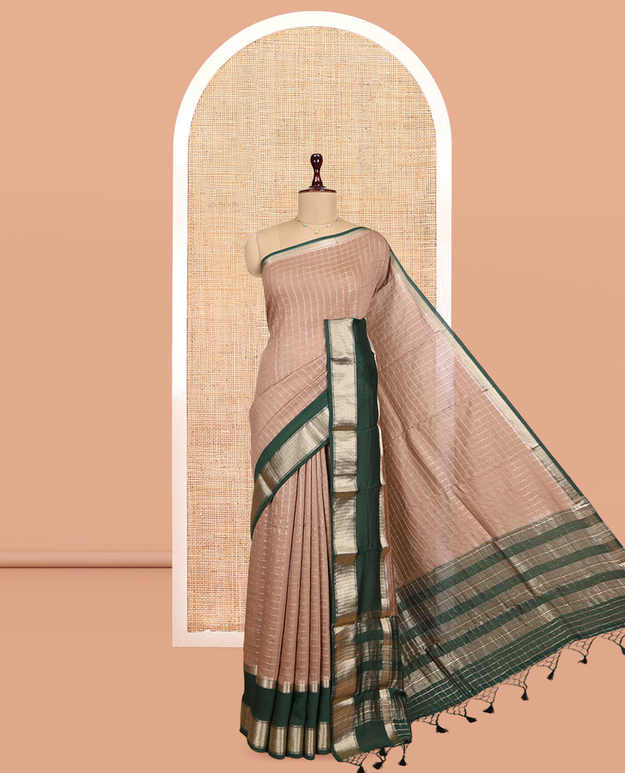 Brown Assam Silk Saree, Enlivened with Zari Checks, Complemented by Contrast Traditional Zari Border, Zari Woven Pallu, and Contrast Blouse