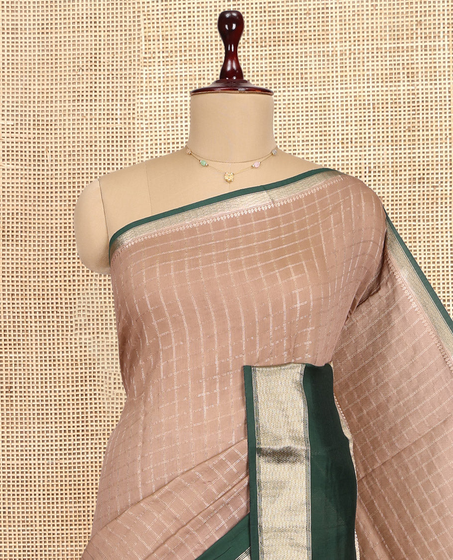 Brown Assam Silk Saree, Enlivened with Zari Checks, Complemented by Contrast Traditional Zari Border, Zari Woven Pallu, and Contrast Blouse