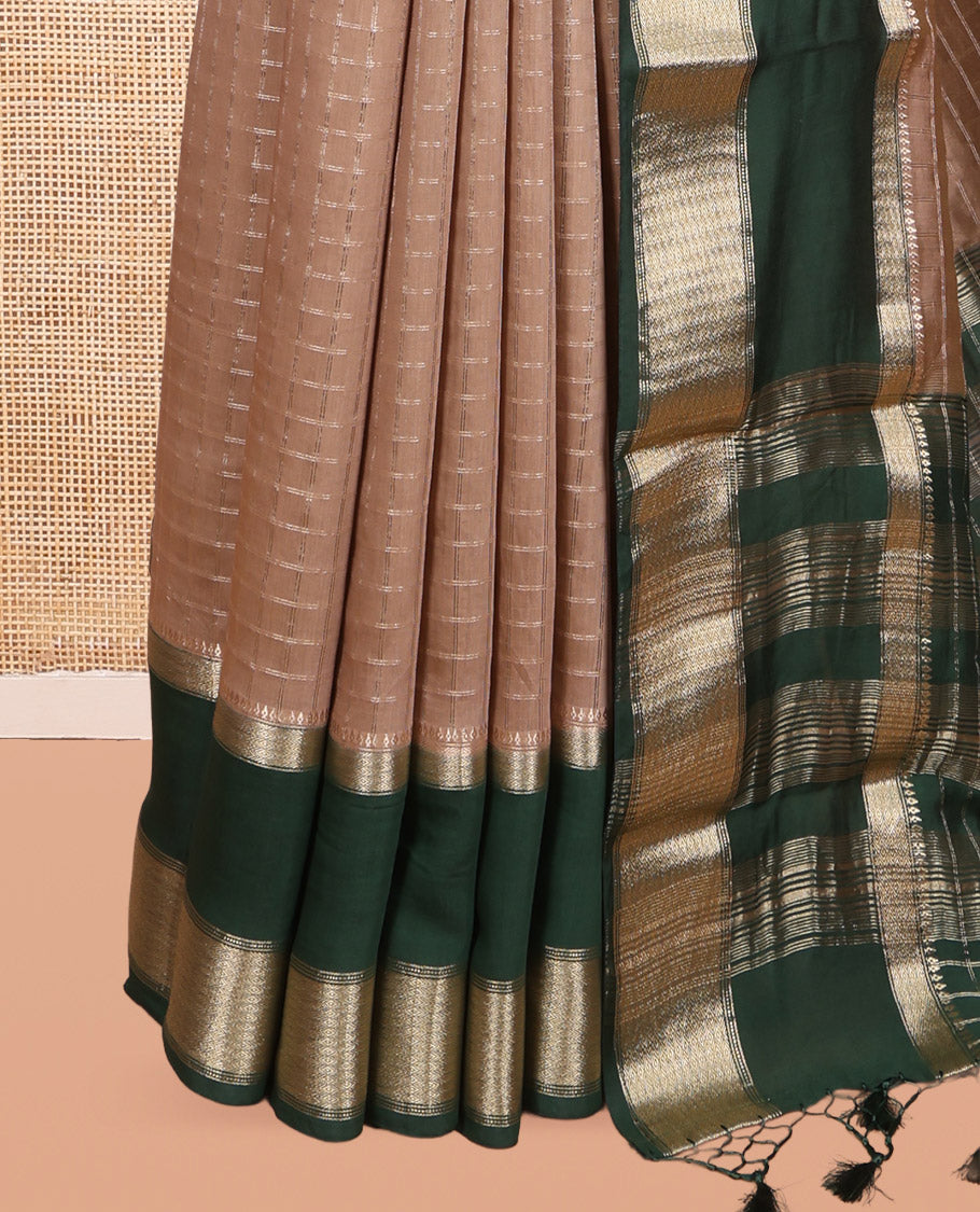 Brown Assam Silk Saree, Enlivened with Zari Checks, Complemented by Contrast Traditional Zari Border, Zari Woven Pallu, and Contrast Blouse