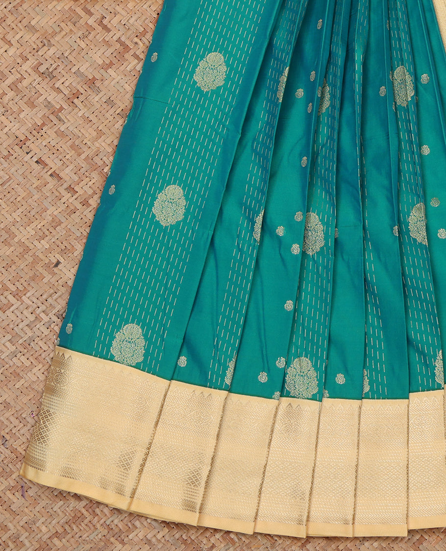 Green Budget Silk Saree, Woven with Zari Buttas, a Contrast Traditional Zari Border, Sparsely Woven Pallu, and a Contrast Blouse