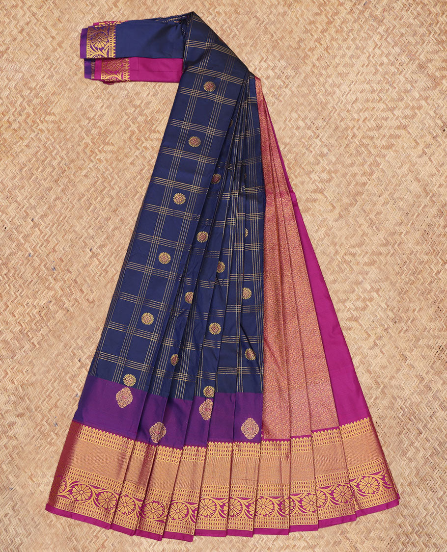 Navy Blue Budget Silk Saree, Elevated with Zari Buttas Enclosed Checks, a Contrast Traditional Zari Border, Grand Pallu, and a Contrast Blouse