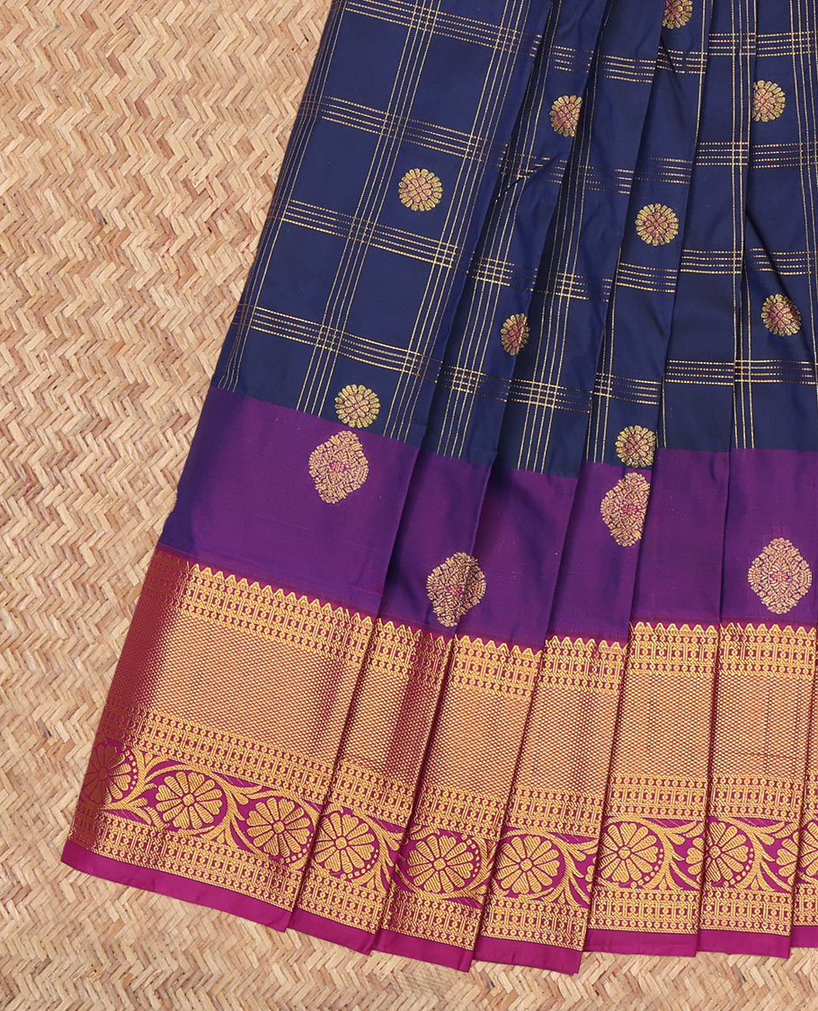 Navy Blue Budget Silk Saree, Elevated with Zari Buttas Enclosed Checks, a Contrast Traditional Zari Border, Grand Pallu, and a Contrast Blouse