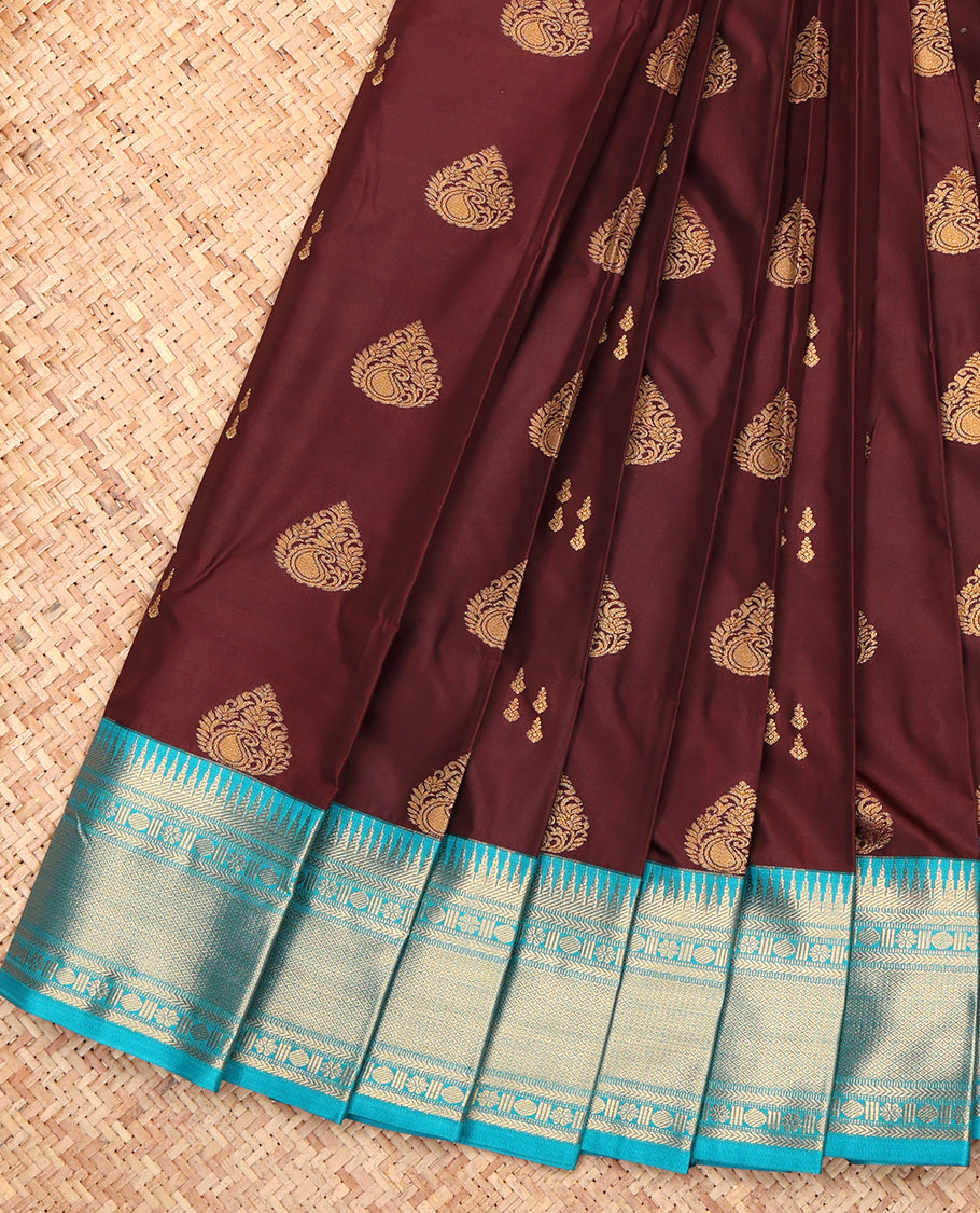 Brown Budget Silk Saree, Decorated with Zari Buttas, a Contrast Traditional Zari Border, Grand Pallu, and a Contrast Blouse