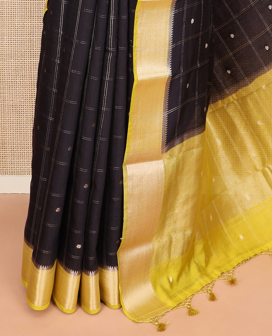 Black zari butta enclosed checked Assam silk saree, contrast temple traditional zari design border, and pallu of zari design