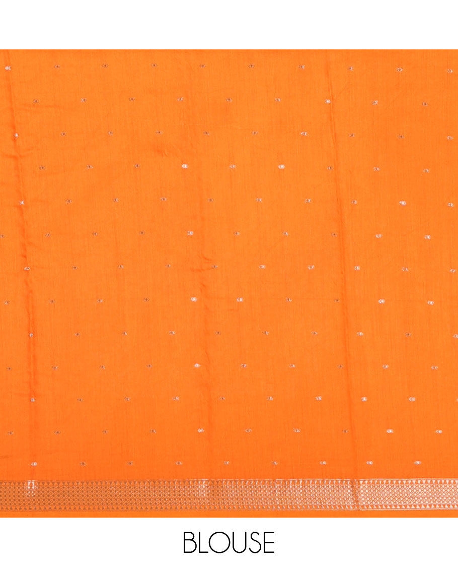 Orange buttas Assam cotton saree, traditional zari border, and zari striped pallu