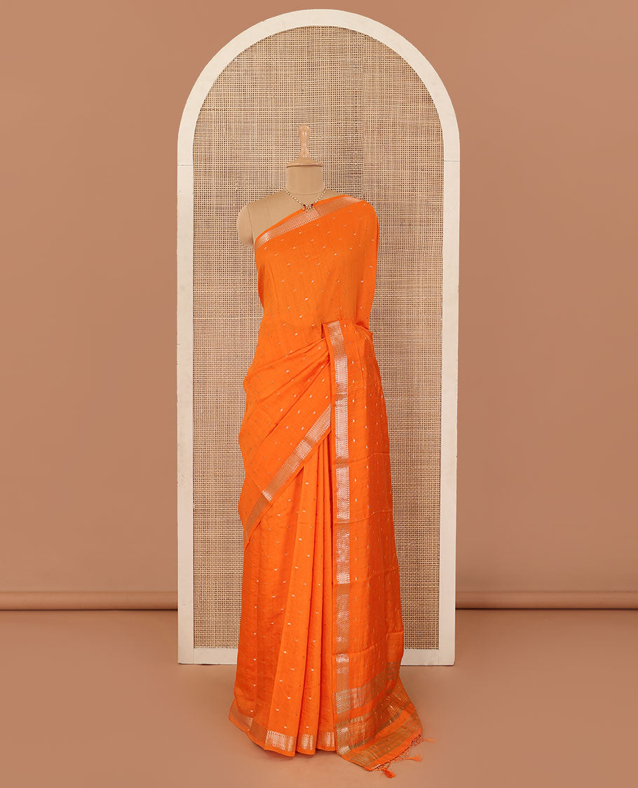Orange buttas Assam cotton saree, traditional zari border, and zari striped pallu