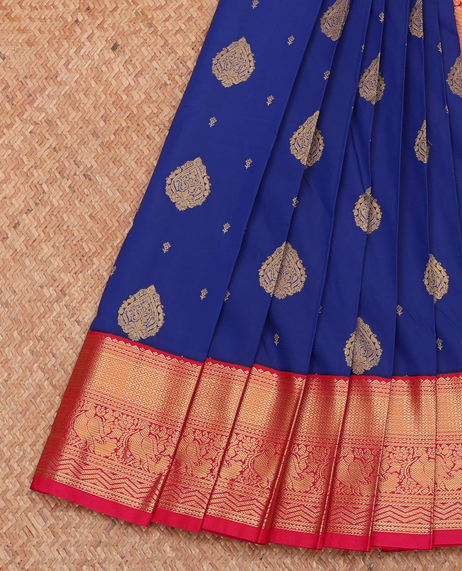 Blue Budget Silk Saree, Gleamed Up with Zari Buttas, Complemented by Contrast Traditional Zari Border, Grand Pallu, and Contrast Blouse