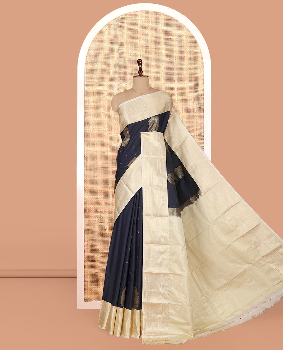 Blue Budget Silk Saree, Featuring Zari Buttas on Its Body, Complemented by a Contrast Traditional Zari Design Border, Intricately Designed Pallu, and Paired with a Contrast Blouse