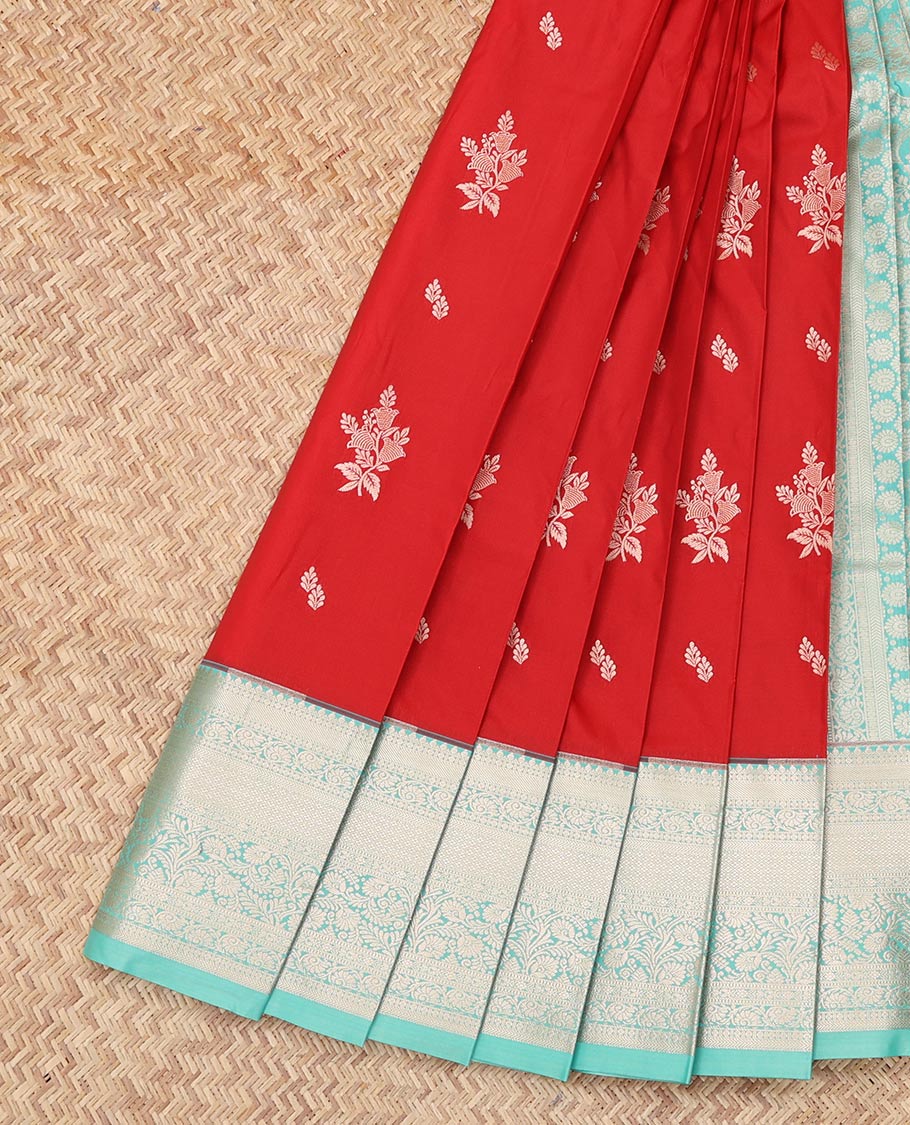 Red Budget Silk Saree, Enthralled with Zari Buttas, Complemented by Contrast Traditional Zari Border, a Grand Pallu and a Contrast Blouse