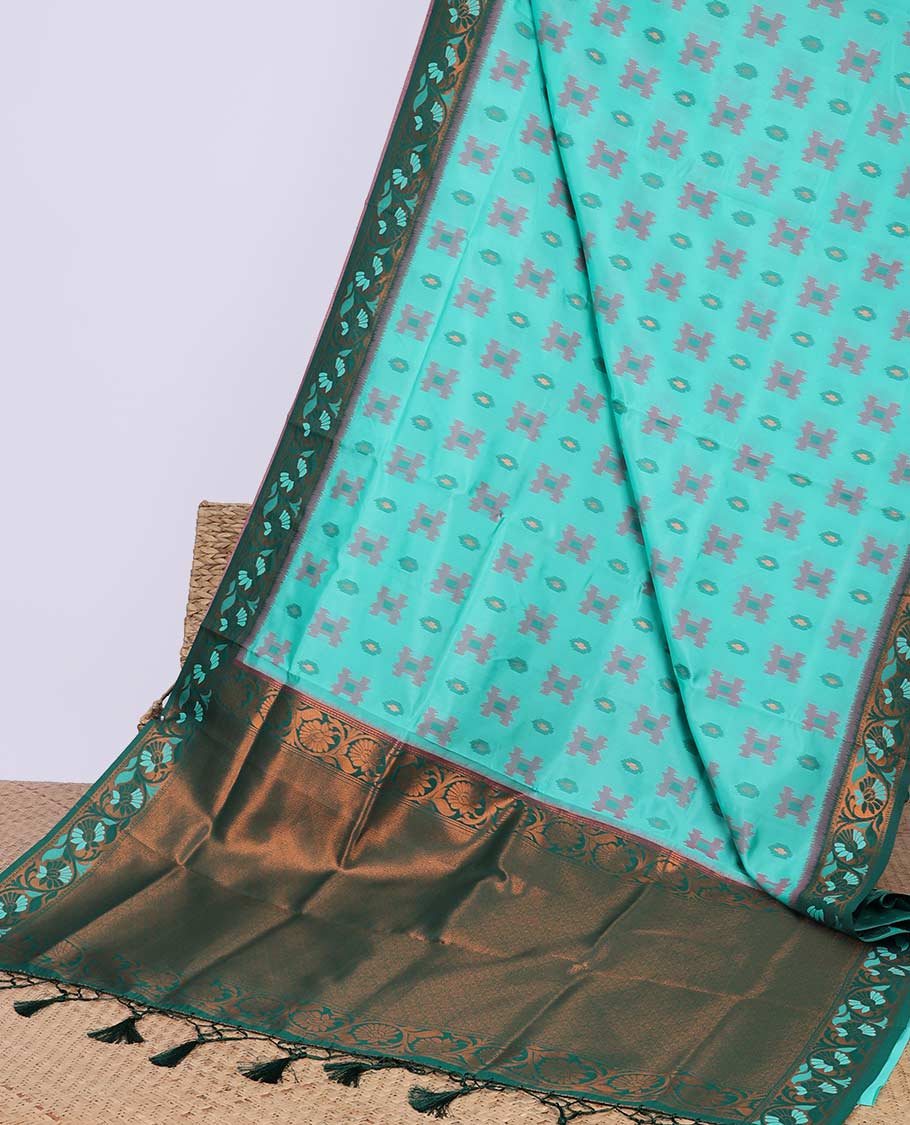 Blue ikkat geometric motifs butter silk saree with contrast floral zari border & intricate floral zari pallu