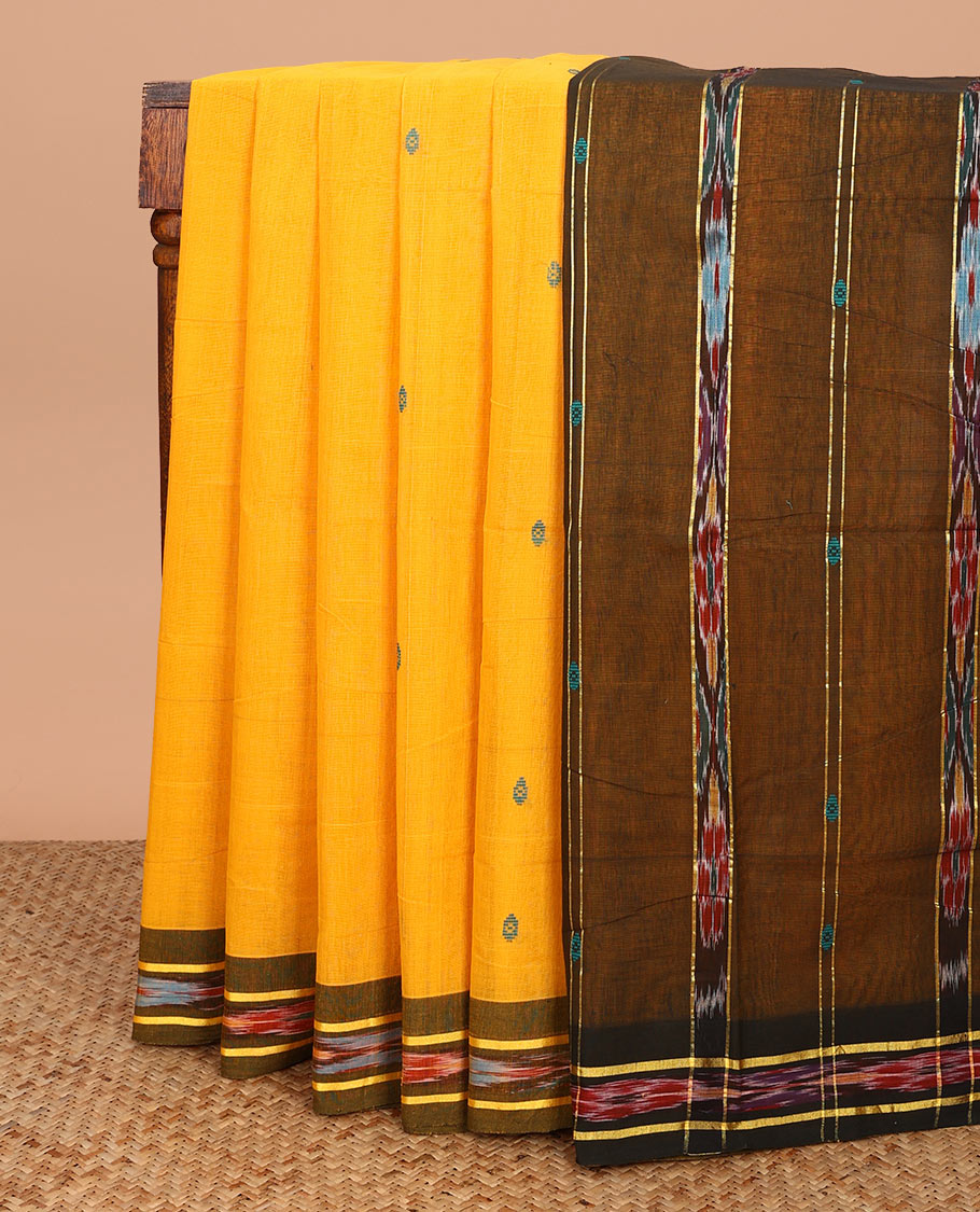 Yellow buttas Andhra cotton saree, contrast ikkat border, and pallu of ikkat designs