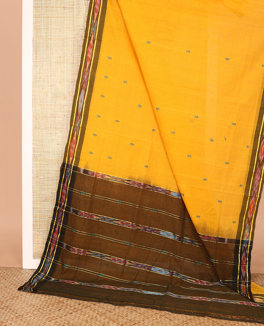 Yellow buttas Andhra cotton saree, contrast ikkat border, and pallu of ikkat designs