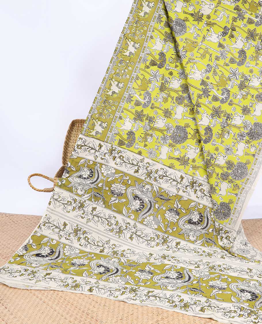 Green Pichwai cow machine-printed kalamkari cotton saree, contrast Pichwai cow border & intricate pallu