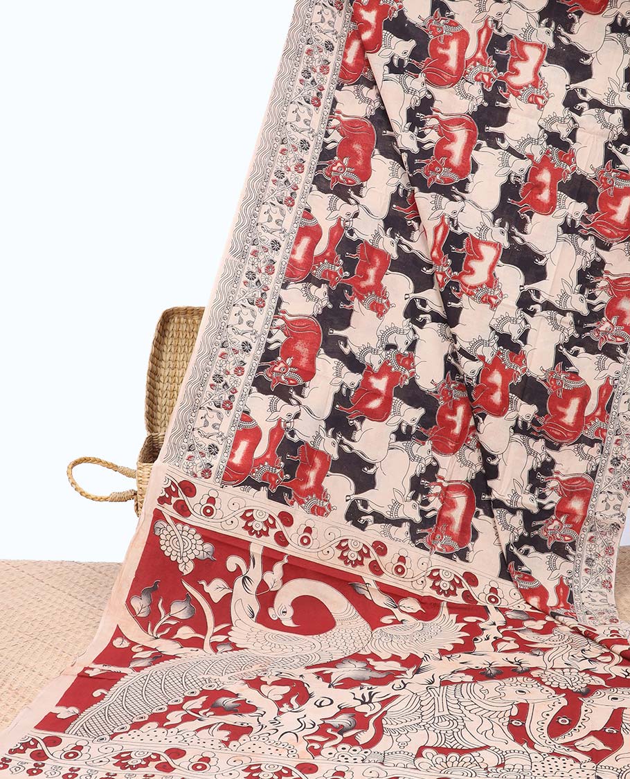 Black pichwai style design machine-printed kalamkari cotton saree with contrast pichwai design border & floral, peacock design pallu