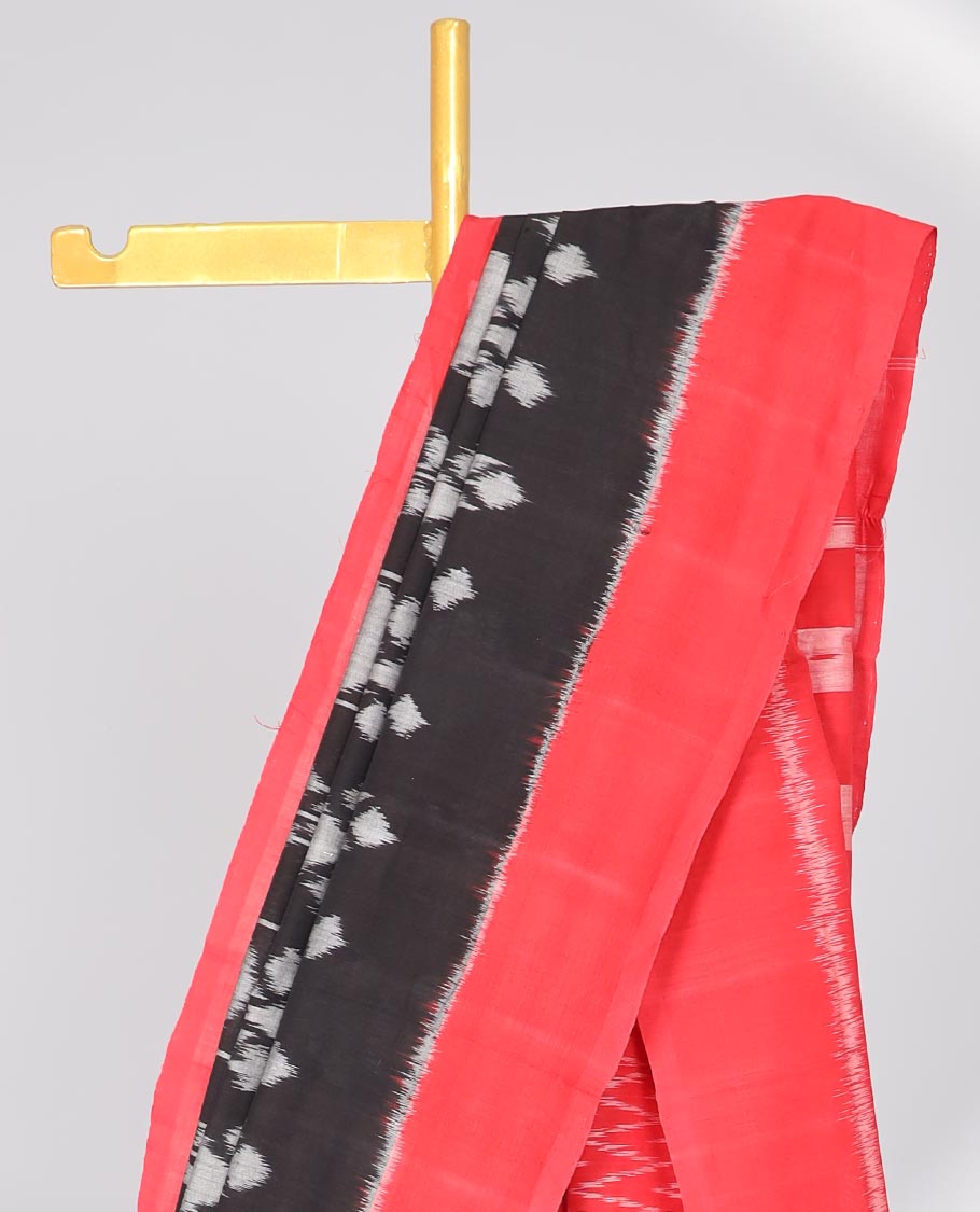 Black ikkat cotton design with intricate design, contrast plain border & gemonetric design pallu