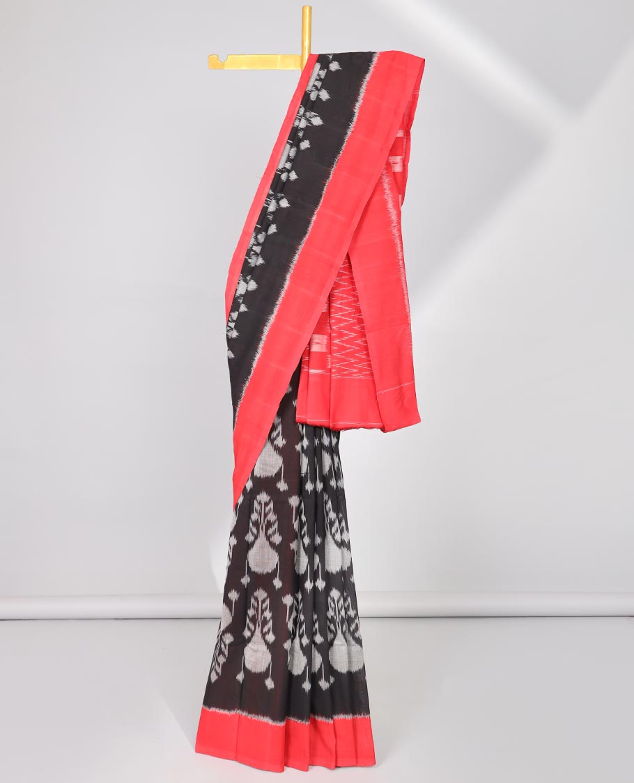 Black ikkat cotton design with intricate design, contrast plain border & gemonetric design pallu