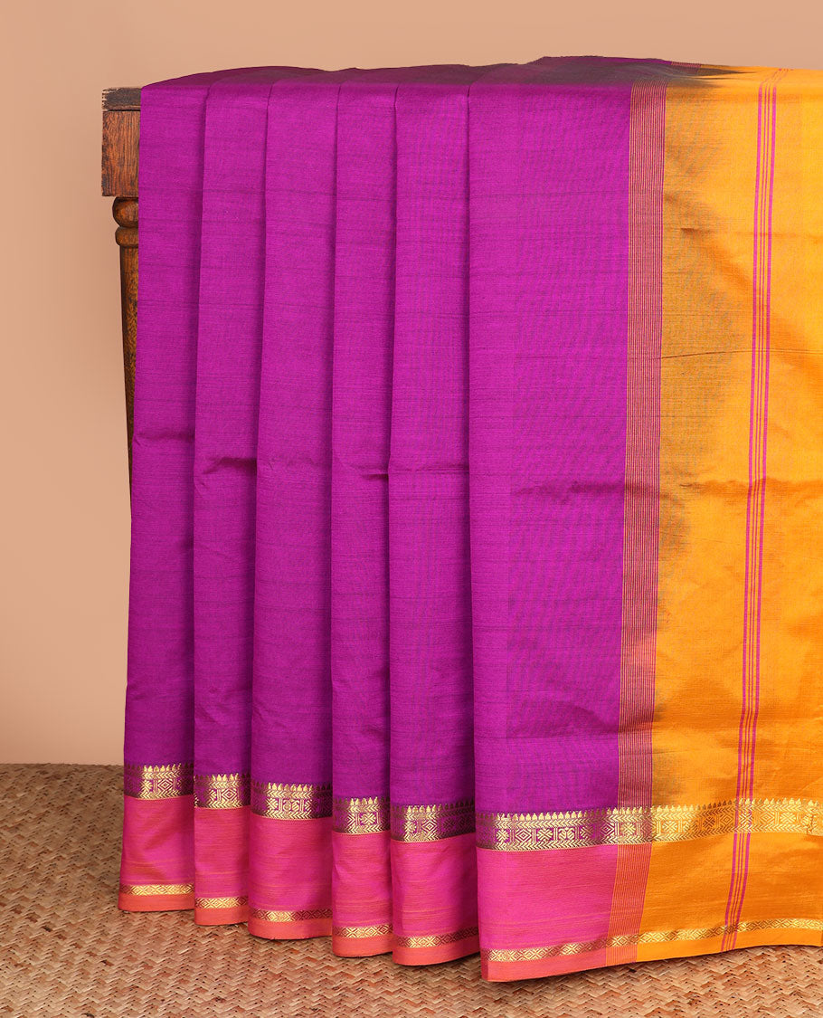 Purple plain poly cotton saree, contrast rettai pettu traditional zari border, and striped pallu