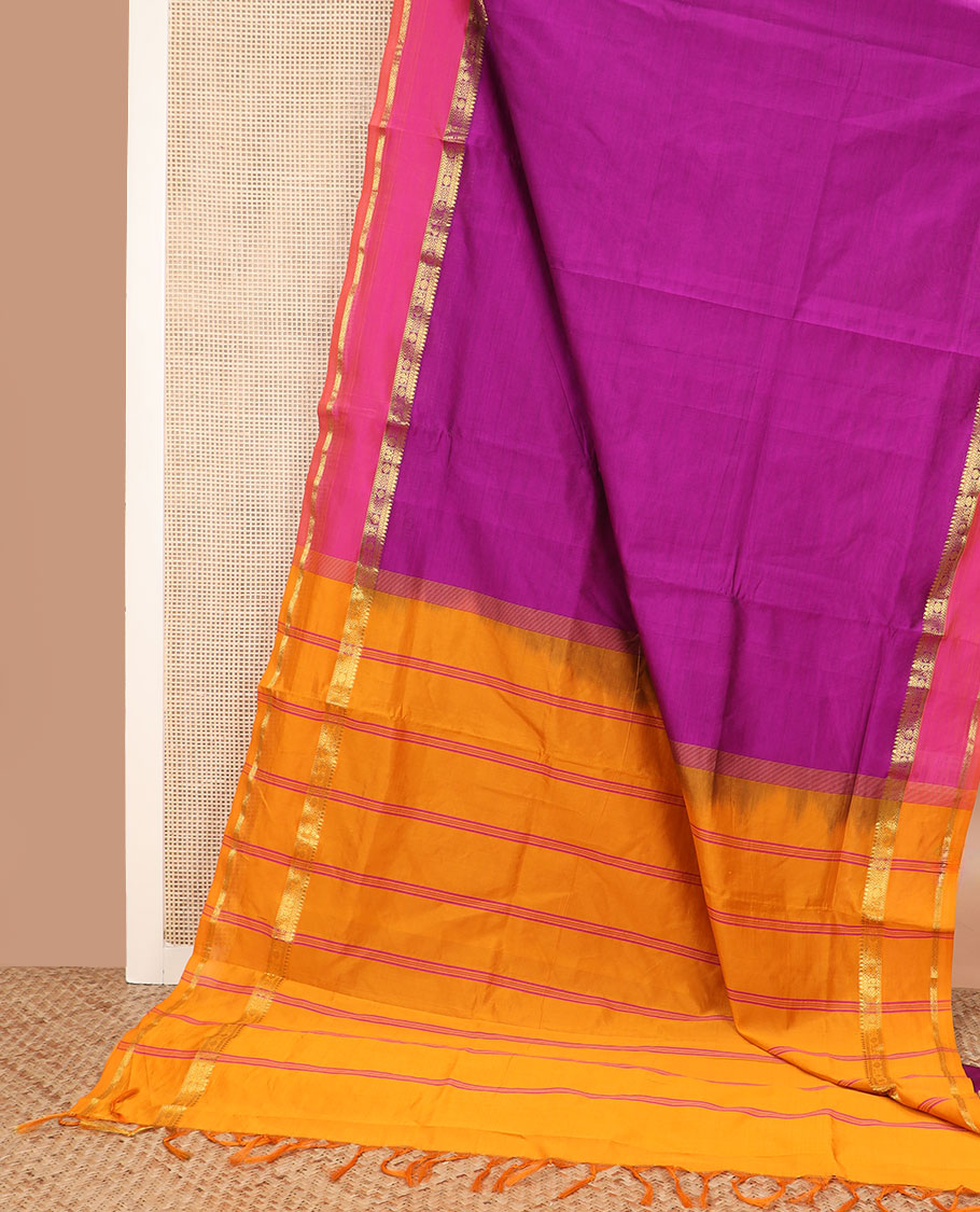 Purple plain poly cotton saree, contrast rettai pettu traditional zari border, and striped pallu