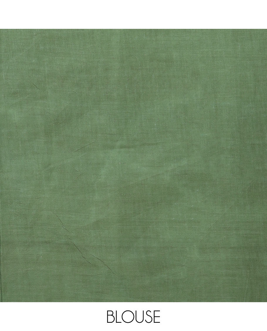 Borderless green and white tropical floral theme printed mixed cotton saree, tropical floral printed pallu