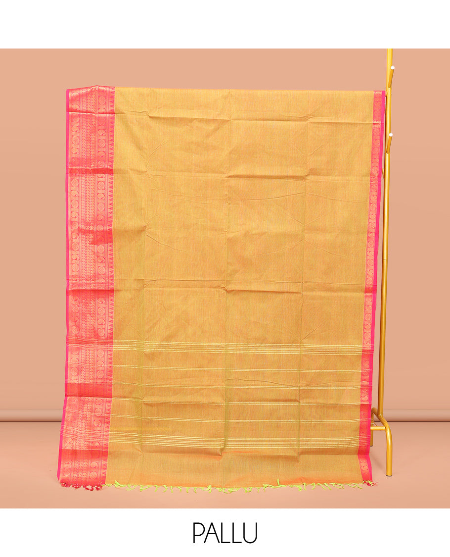 Mustard Plain Chettinad Cotton Saree, Complemented by a Contrast Traditional Zari Design Woven Border, Striped Pallu, and Paired with a Matching Blouse