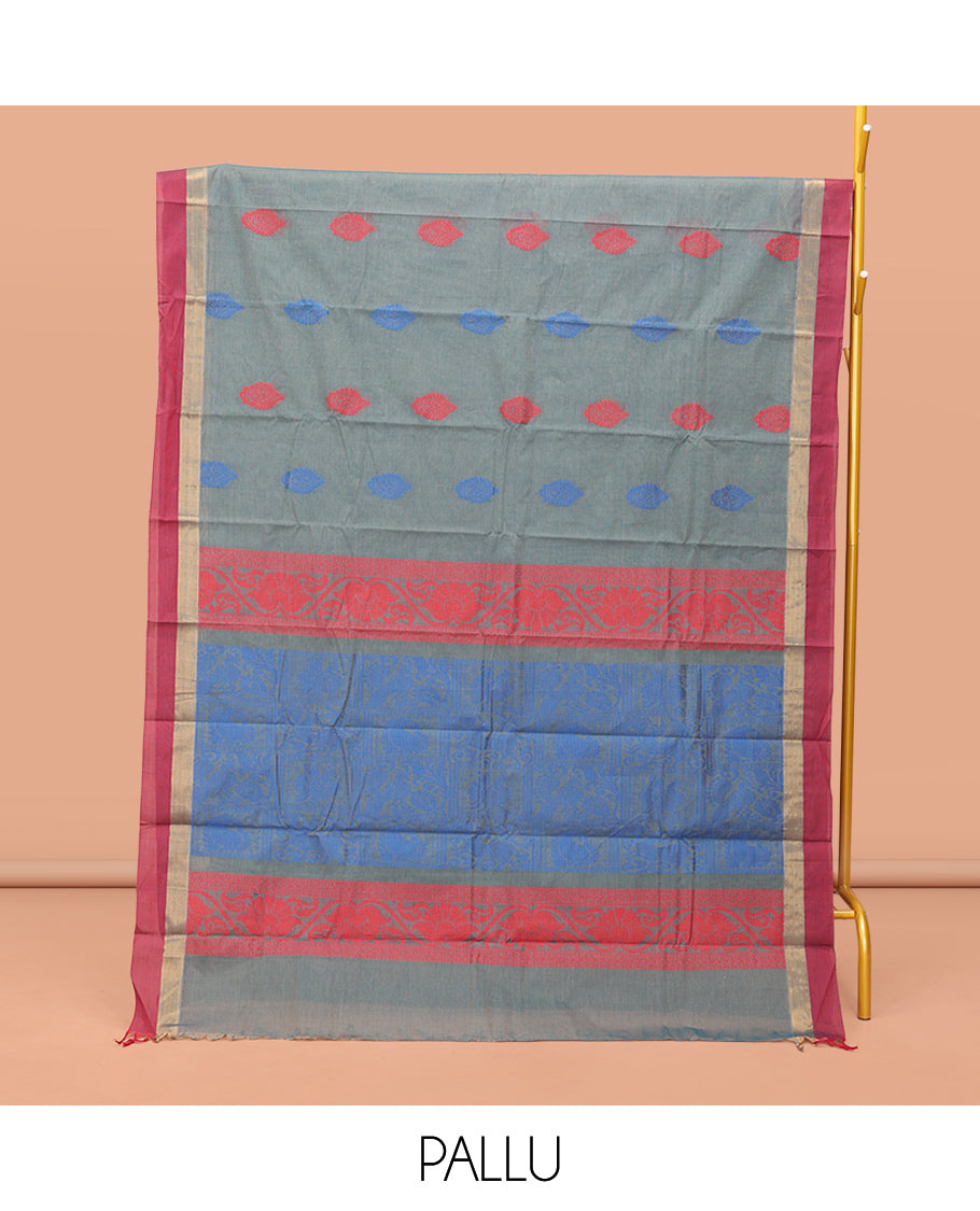 Grey Kanchi Cotton Saree, Decorated with Thread Buttas, Contrast Border, Pallu of Thread Weave, and a Matching Blouse