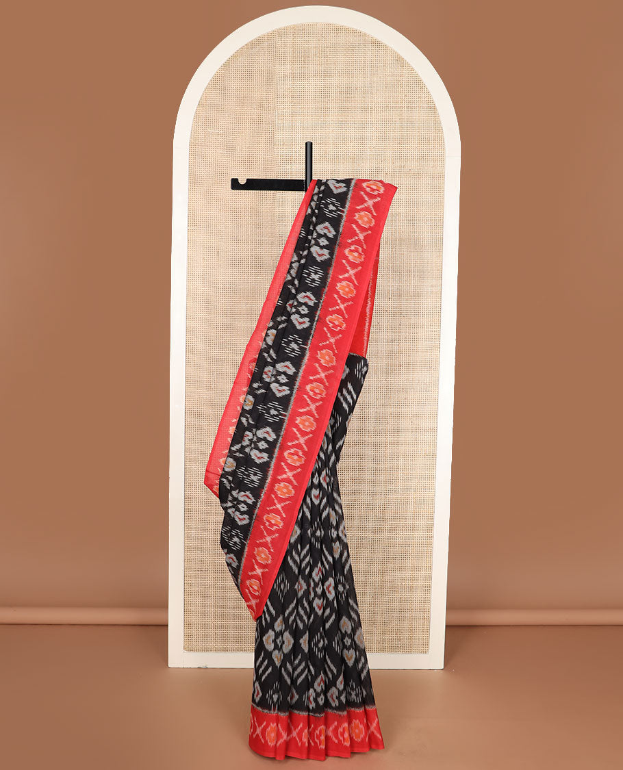Black buttas ikkat cotton saree, contrast cross & floral motifs, ikat border & ikkat design pallu