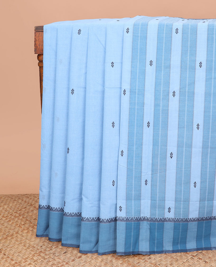 Blue buttas Andhra cotton saree, contrast temple border, and pallu of stripes and buttas