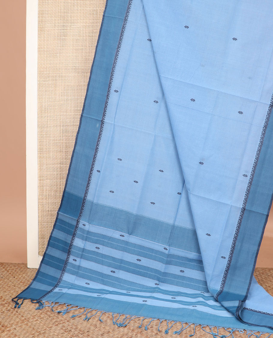 Blue buttas Andhra cotton saree, contrast temple border, and pallu of stripes and buttas