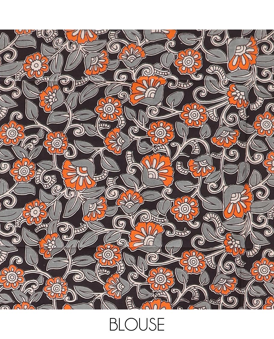 Grey sparesly striped Mangalgiri cotton saree, traditional border, striped pallu, and contrast floral printed blouse