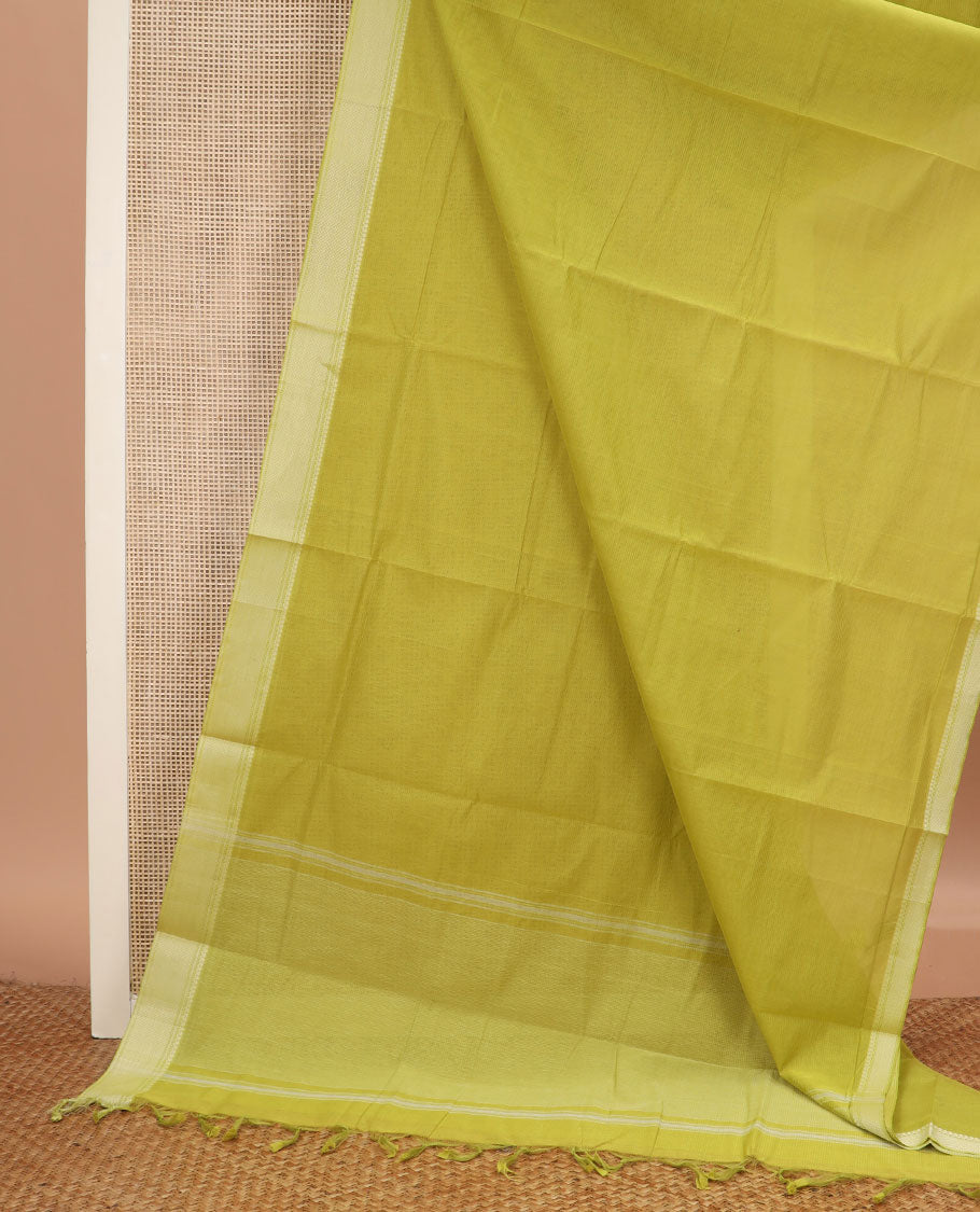 Green striped chirala cotton saree, traditional border, striped pallu, and contrast floral vine printed blouse