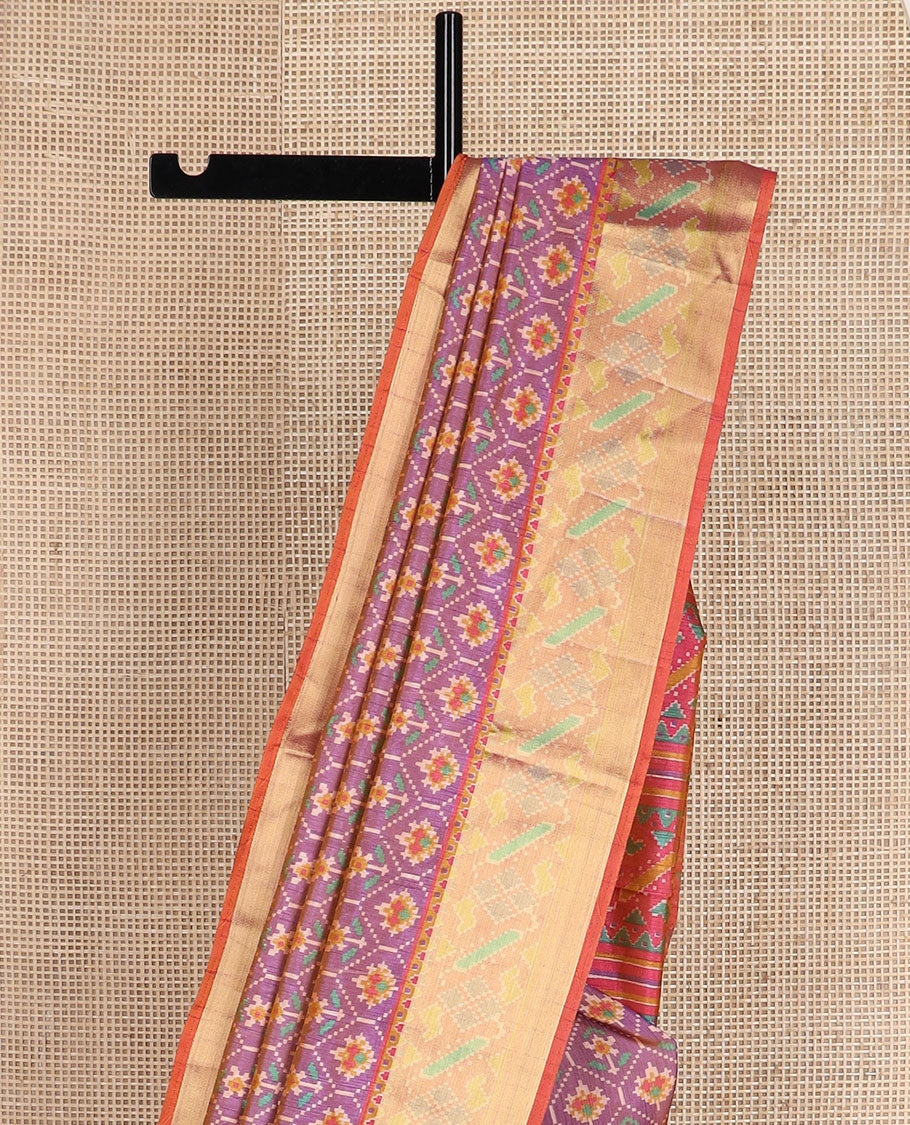 Purple floral motif enclosed jaal semi-banaras patola silk saree, contrast temple border, and pallu of floral motifs design