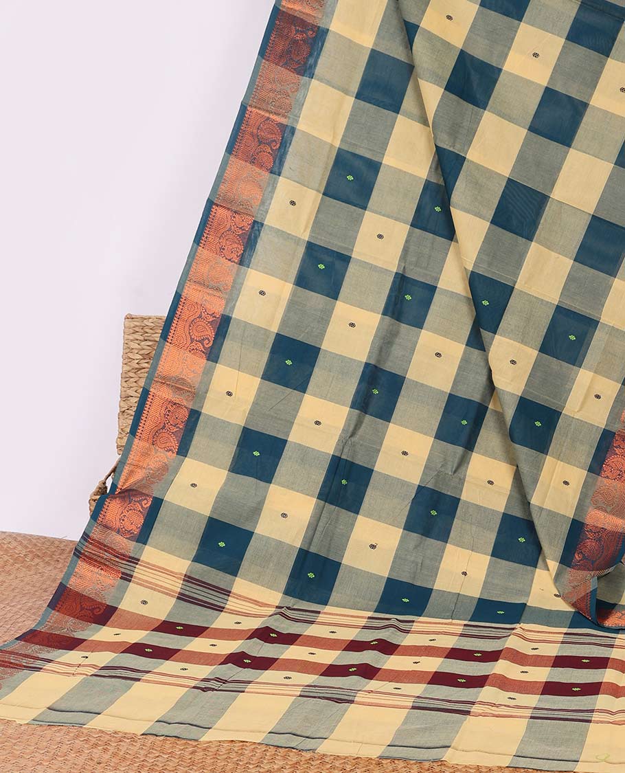 Cream-Blue butta enclosed checked Chettinad cotton saree, traditional zari design border & striped pallu