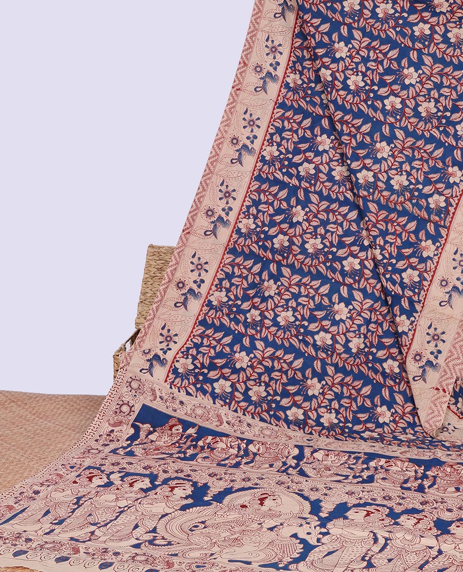 Blue floral vine design machine-printed kalamkari cotton saree with contrast floral design border & human inspried design pallu