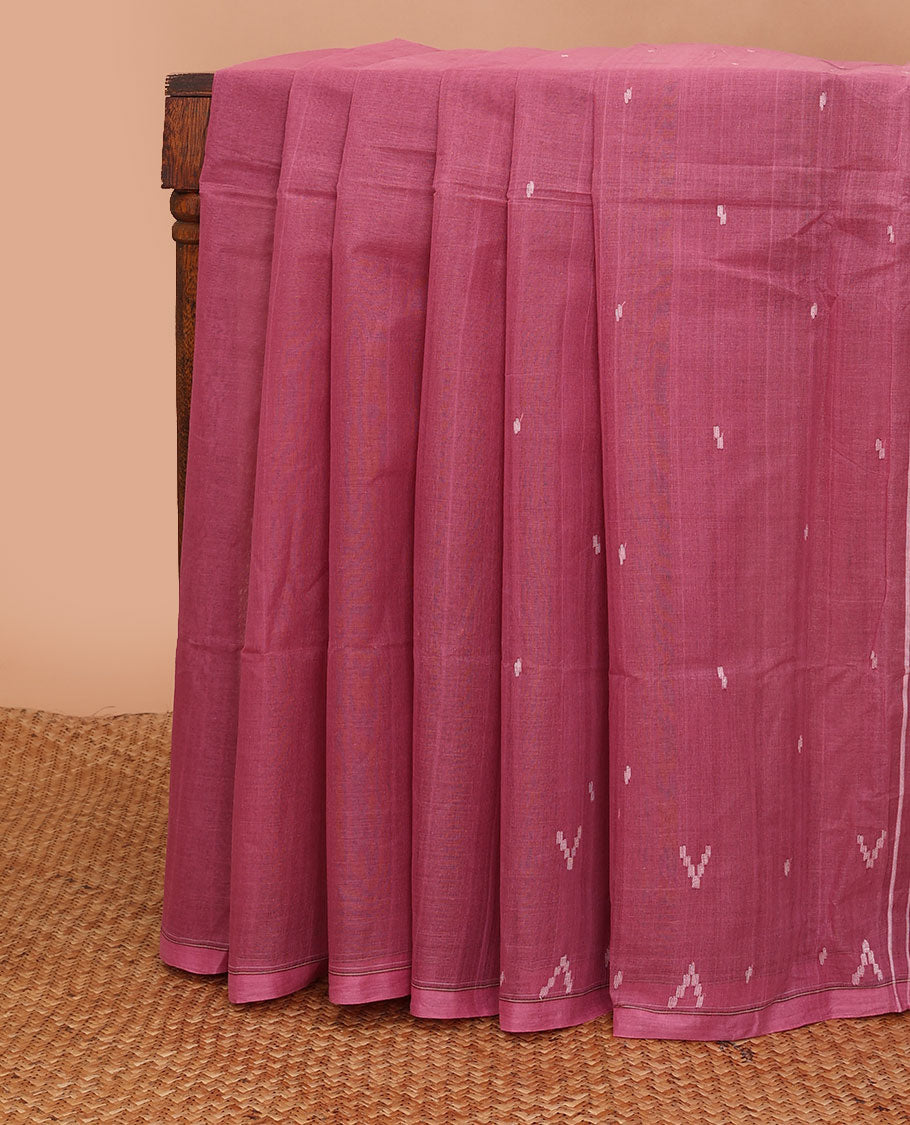 Borderless pink buttas Bengal cotton saree, self-pallu of stripes & buttas