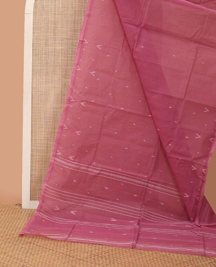 Borderless pink buttas Bengal cotton saree, self-pallu of stripes & buttas