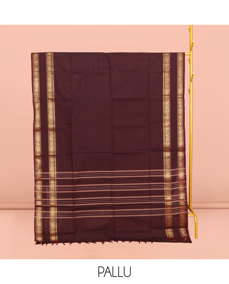 Maroon Plain Chettinad Cotton Saree, Highlighted by Rettai Pettu Peacock-Chakram Border, Striped Pallu, and a Matching Blouse