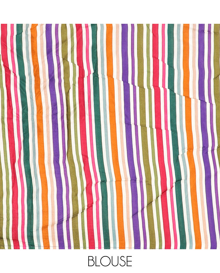 Violet kalamkari floral vine printed dola silk saree, contrast traditional design border, and striped pallu