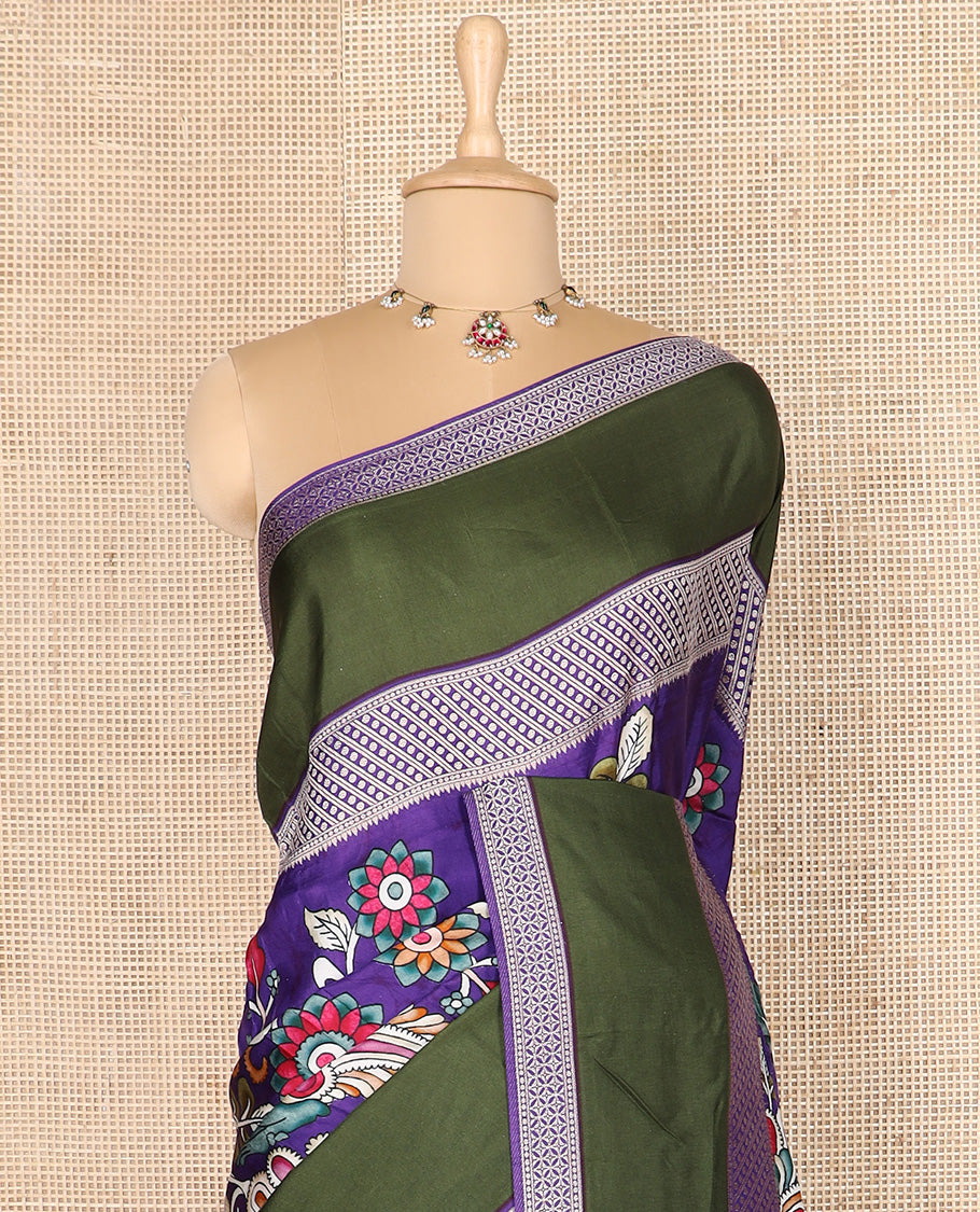 Violet kalamkari floral vine printed dola silk saree, contrast traditional design border, and striped pallu