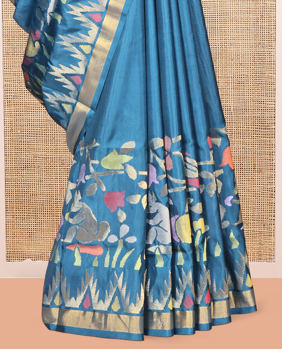 Blue Uppada Silk Saree, Elevated with Meena Flora-Fauna Designs, a Zari Border, and a Plain Blouse