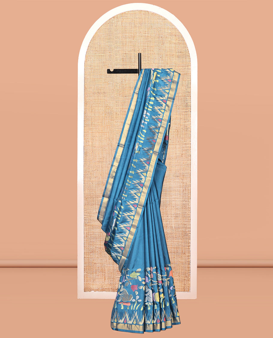 Blue Uppada Silk Saree, Elevated with Meena Flora-Fauna Designs, a Zari Border, and a Plain Blouse
