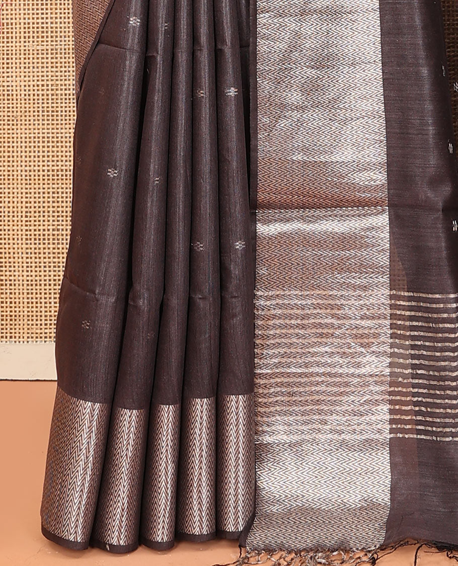 Grey zari buttas dupion saree, chevron striped border, and striped pallu