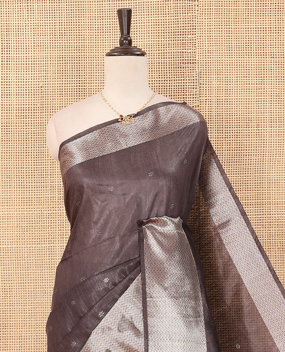 Grey zari buttas dupion saree, chevron striped border, and striped pallu