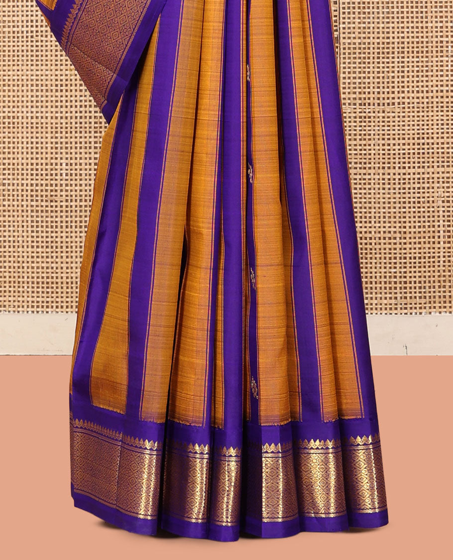 Blue-Mustard Kanchipuram Silk Saree Features Zari Buttas, a Contrast One-Sided Korvai Border of Thilakam Mokku, Banaras, and Jaal Designs, Zari Design Pallu, and No Blouse