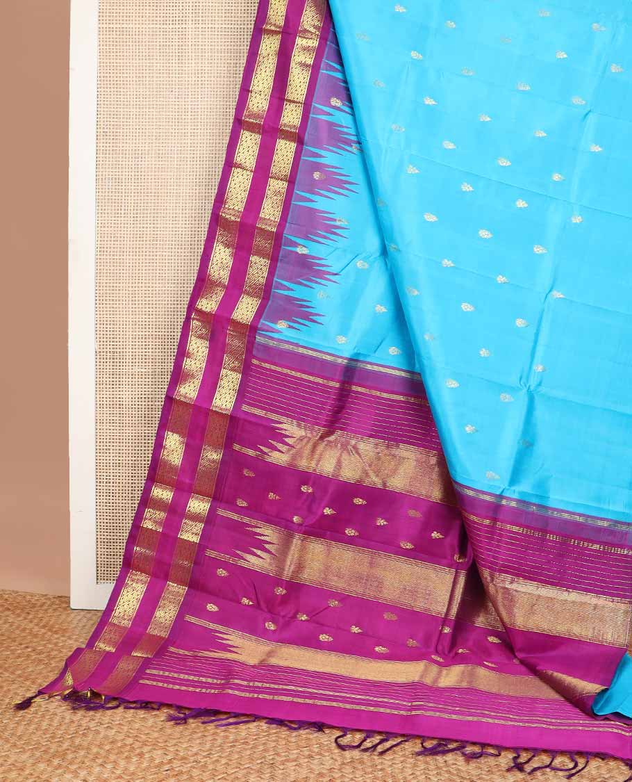 Light blue buttas kancheepuram silk saree with contrast rettai pettu zari design border & bhavanji pallu