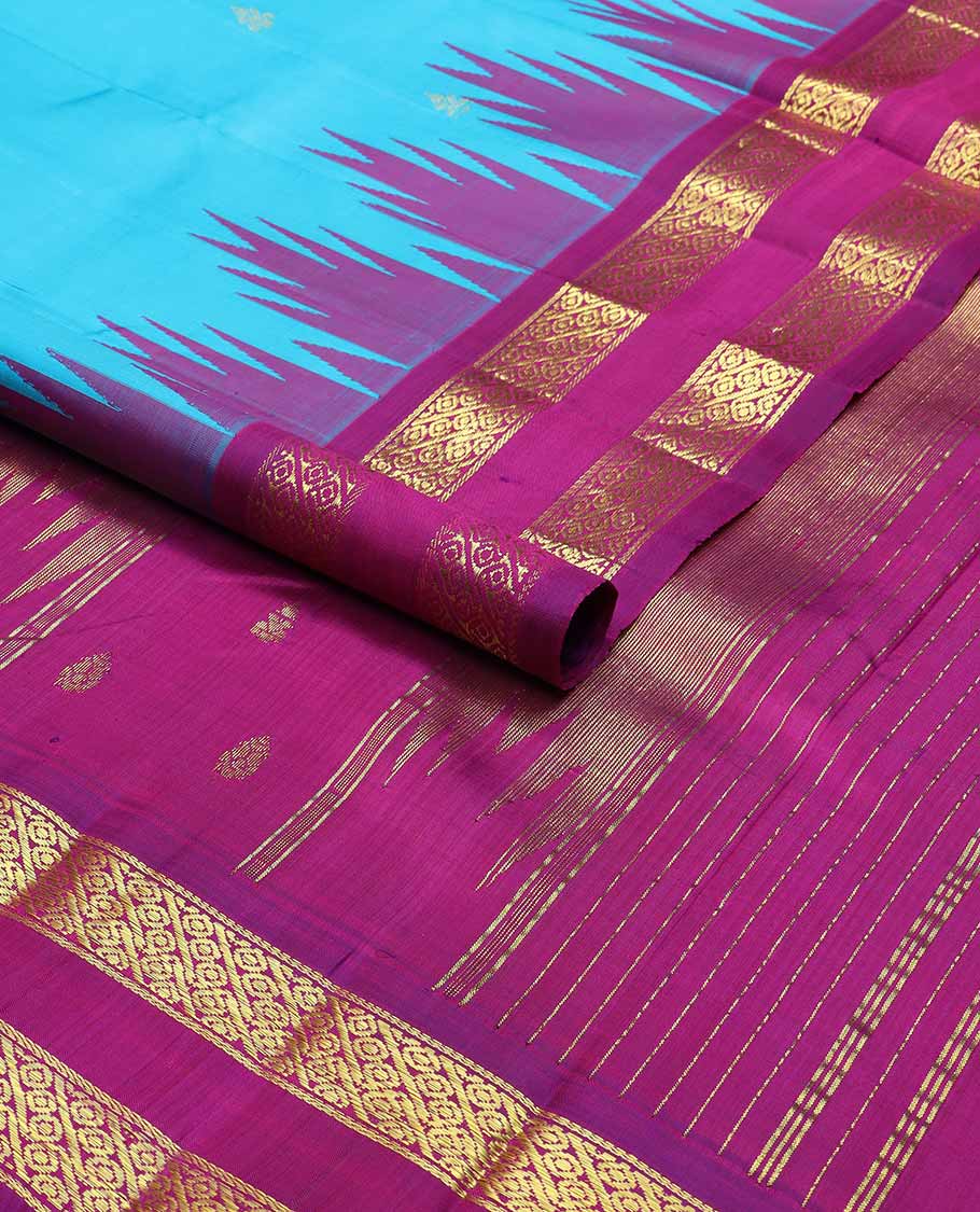 Light blue buttas kancheepuram silk saree with contrast rettai pettu zari design border & bhavanji pallu