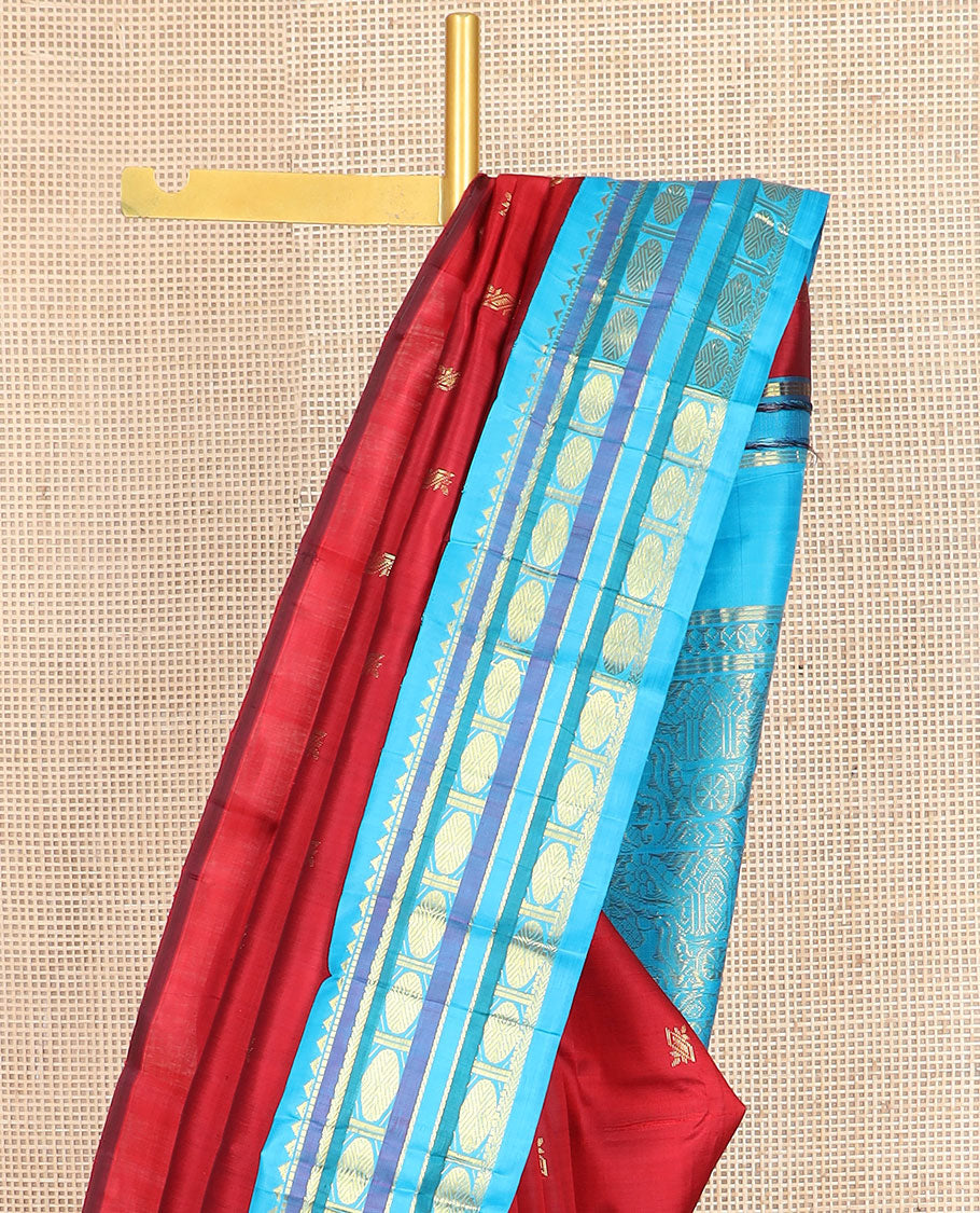 Red zari buttas kanchipuram silksaree, contrast one-sided korvai border of rekku,muthu,banaras & rudraksham & horse chariot design pallu