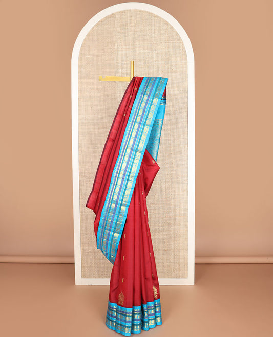 Red zari buttas kanchipuram silksaree, contrast one-sided korvai border of rekku,muthu,banaras & rudraksham & horse chariot design pallu