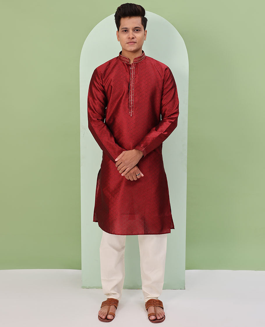 Red Arygle design embossed full-sleeved readymade kurta