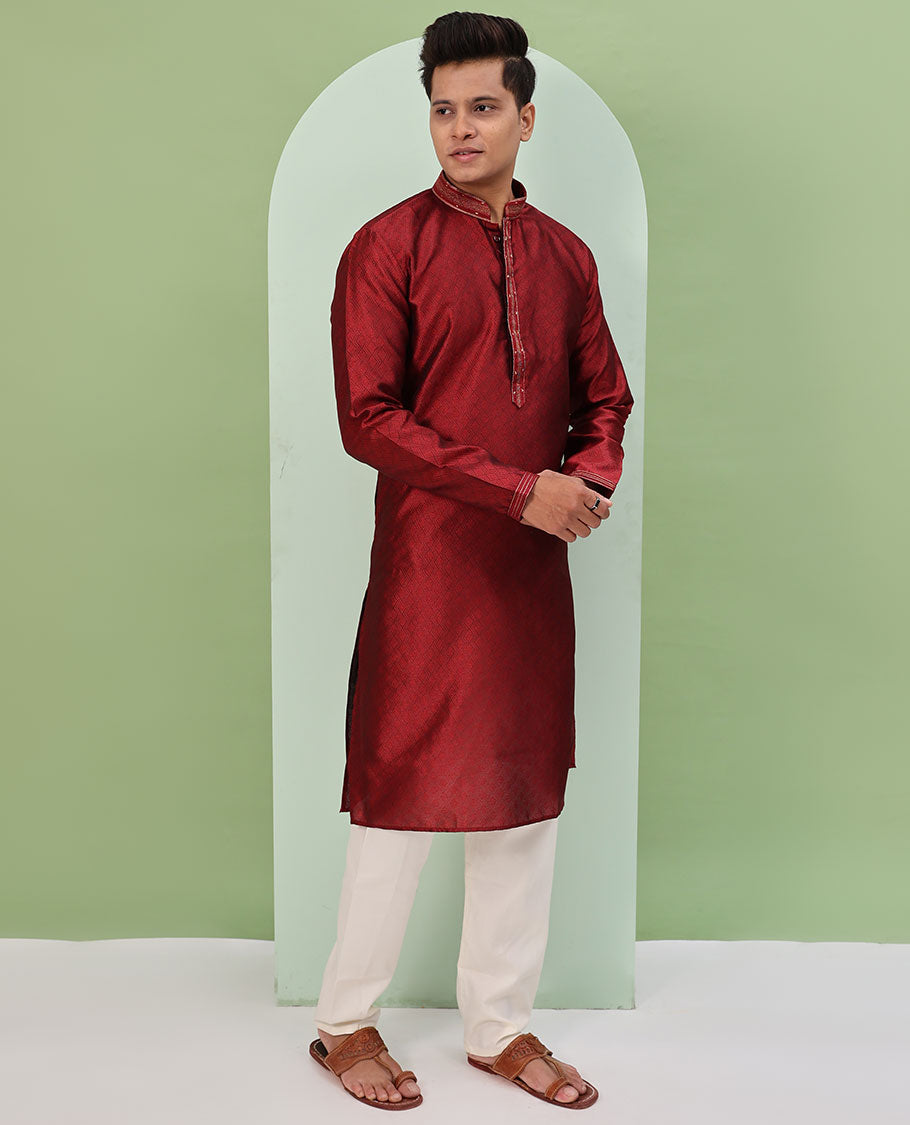 Red Arygle design embossed full-sleeved readymade kurta