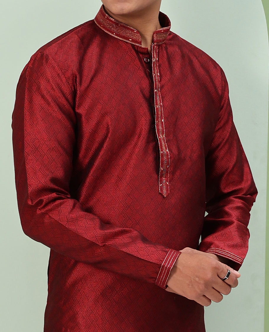 Red Arygle design embossed full-sleeved readymade kurta